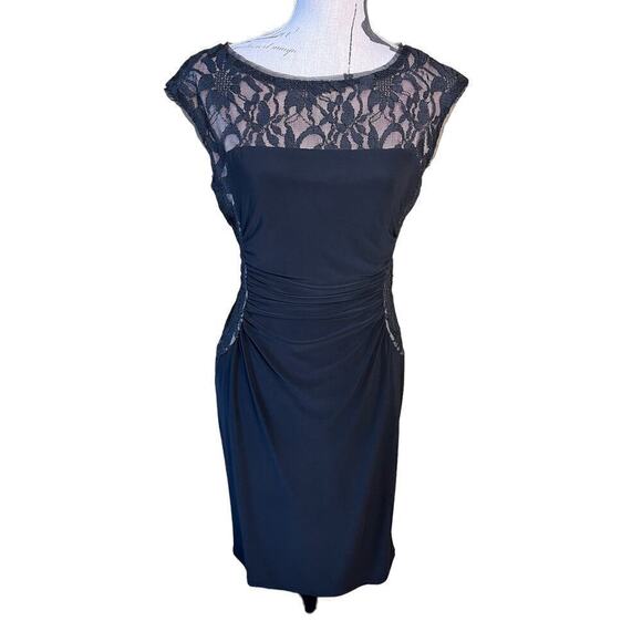 R & M Richards Lace Dress Black Short Sleeve Knee Length Ruched Cocktail Size 6 - Picture 1 of 12